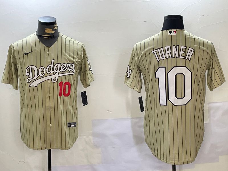 Men Los Angeles Dodgers #10 Turner Green Stripe Game 2024 Nike MLB Jersey style 1